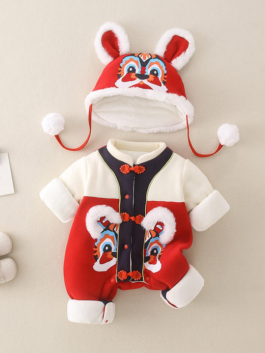 【宝宝印花虎头年服】宝宝虎头印花拜年服中国风新生婴儿新年红色保暖棉衣虎头帽两件套 商品图2