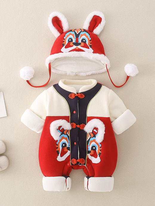 【宝宝印花虎头年服】宝宝虎头印花拜年服中国风新生婴儿新年红色保暖棉衣虎头帽两件套 商品图1