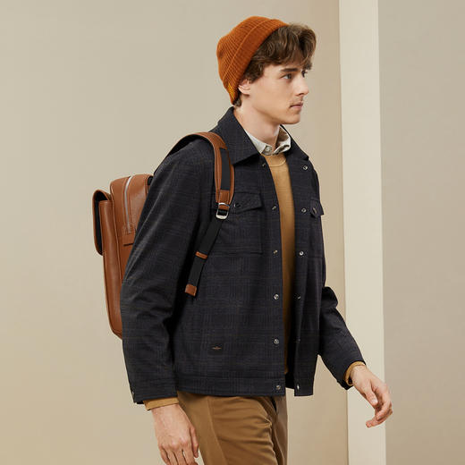 柒牌夹克外套男春秋新款时尚格纹印花男士休闲黑色工装翻领茄克衫	125K70280 商品图1