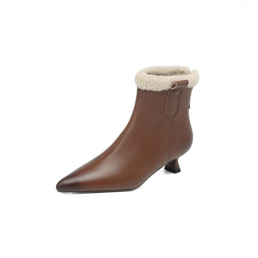 ALBB-棕色尖头牛皮毛毛靴2023冬新款复古细跟羊羔毛时装靴棕色中跟短靴 商品图4