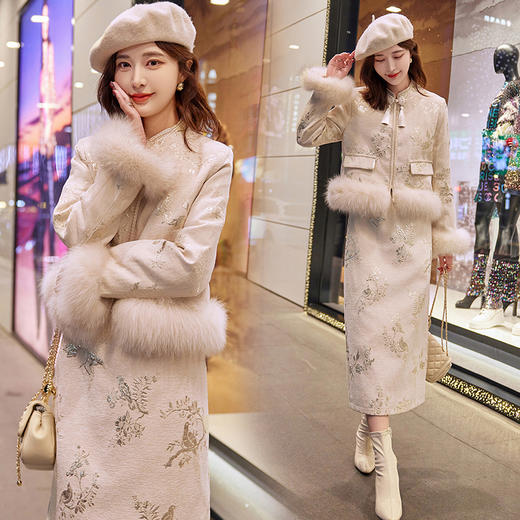 新款冬装，白鸭绒真狐狸毛新中式盘扣羽绒服套装（配真毛领配袖毛）HR-YJLY9029 商品图0