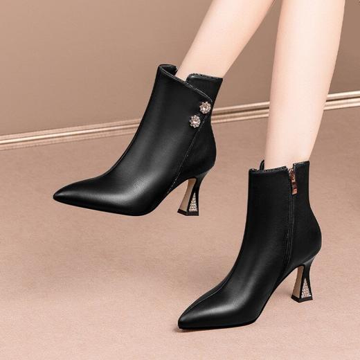 短靴女高跟黑色短筒皮靴子，新款女鞋米白色尖头低跟单靴水钻短靴HY-H2479 商品图2