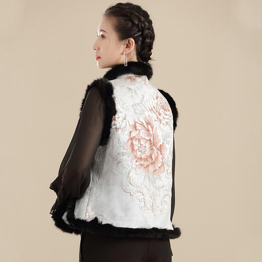 双色牡丹夹棉提花毛边拼接马甲女冬季国风女装改良唐装上衣AYK-QF-210906 商品图3