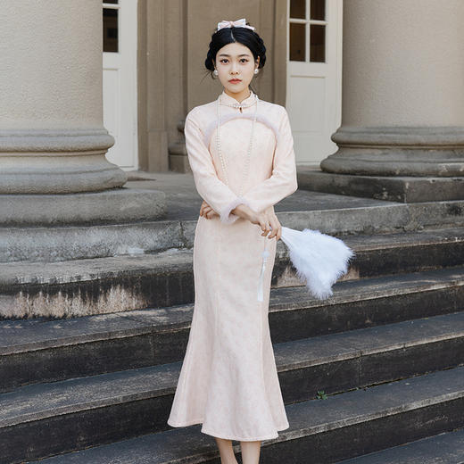 粉色旗袍年轻款修身气质少女，加厚鱼尾改良小个子旗袍KK1015 商品图0
