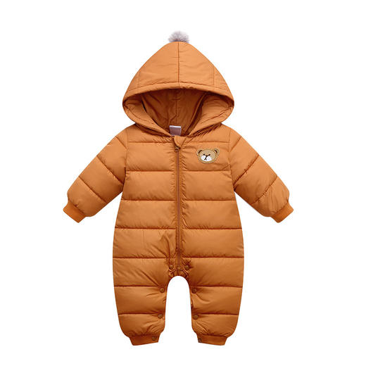 【可爱俏皮】秋冬时尚新款毛球连帽纯色保暖婴儿连体衣爬服 商品图4