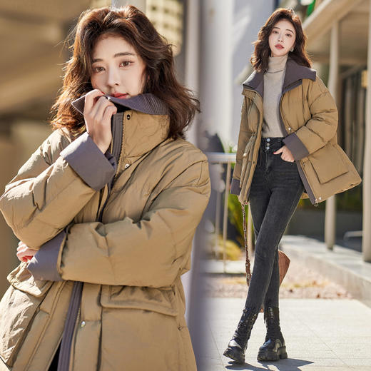 宽松韩版，90白鸭绒中长款撞色针织翻领羽绒外套HR-ANY5563 商品图3