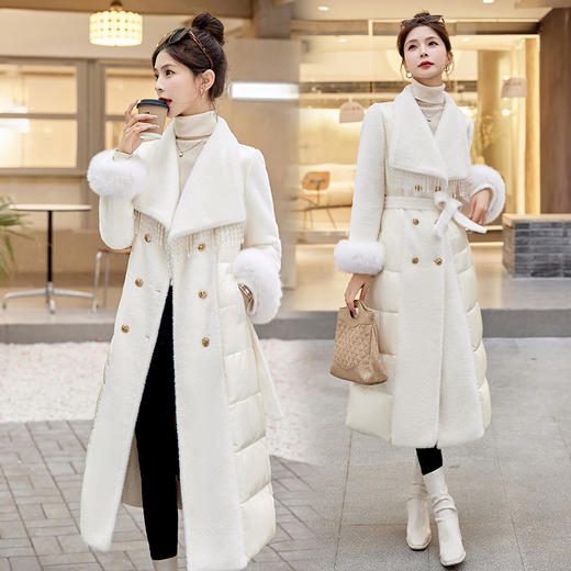 冬季保暖，拼接长款真毛90白鸭绒毛毛羽绒服（配腰带）HR-YRX8927 商品图3