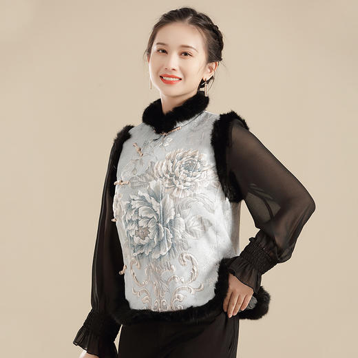 双色牡丹夹棉提花毛边拼接马甲女冬季国风女装改良唐装上衣AYK-QF-210906 商品图1