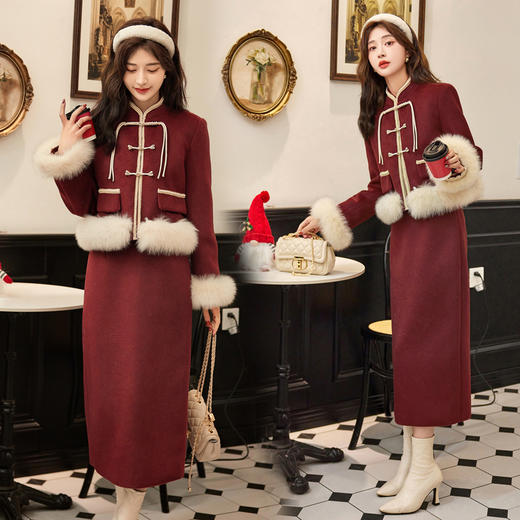 冬装新款，过年气质复古红羽绒套装白鸭绒真狐狸毛HR-YJLY9030 商品图0