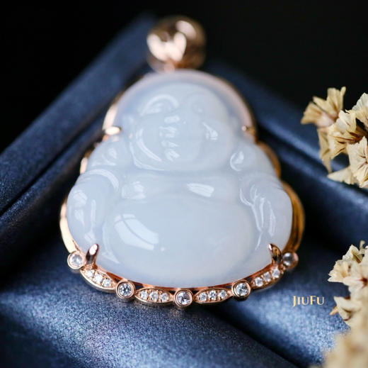 18K玫瑰金和田玉（白玉）镶钻吊坠--玉佛/佛公25*26mm/配镶钻石、白蓝宝 商品图2