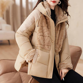 AHM-608杏色加厚毛领羽绒服女冬季中长款拼接面包服外套