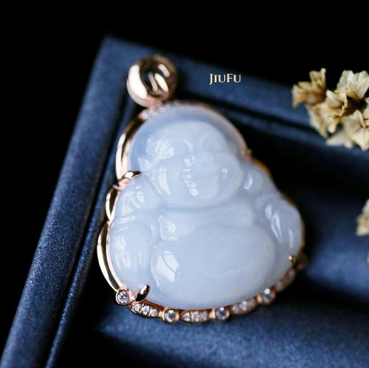 18K玫瑰金和田玉（白玉）镶钻吊坠--玉佛/佛公25*26mm/配镶钻石、白蓝宝 商品图1