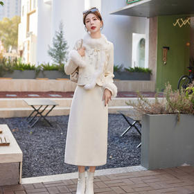 HR WY90339气质时尚刺绣羽绒服套装狐狸毛两件套裙