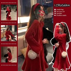 秋冬【本命年红色礼服小红裙子】显瘦 中长款 针织 年会连衣裙