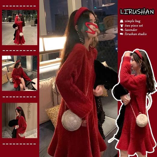 秋冬【本命年红色礼服小红裙子】显瘦 中长款 针织 年会连衣裙 商品图0