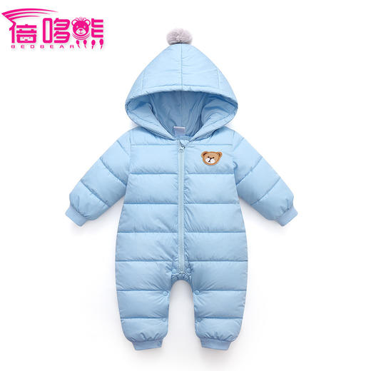 【可爱俏皮】秋冬时尚新款毛球连帽纯色保暖婴儿连体衣爬服 商品图2