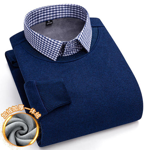 ALBB-秋冬季男士衬衫加绒加厚一体绒假两件商务休闲针织衫时尚保暖内搭 商品图3