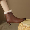 ALBB-棕色尖头牛皮毛毛靴2023冬新款复古细跟羊羔毛时装靴棕色中跟短靴 商品缩略图2