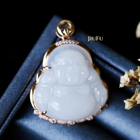 18K玫瑰金和田玉（白玉）镶钻吊坠--玉佛/佛公25*26mm/配镶钻石、白蓝宝 商品图0