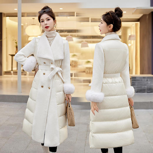 冬季保暖，拼接长款真毛90白鸭绒毛毛羽绒服（配腰带）HR-YRX8927 商品图2