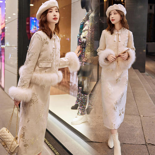 新款冬装，白鸭绒真狐狸毛新中式盘扣羽绒服套装（配真毛领配袖毛）HR-YJLY9029 商品图2