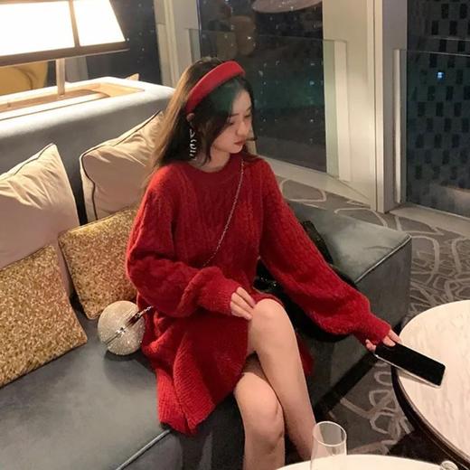 秋冬【本命年红色礼服小红裙子】显瘦 中长款 针织 年会连衣裙 商品图1
