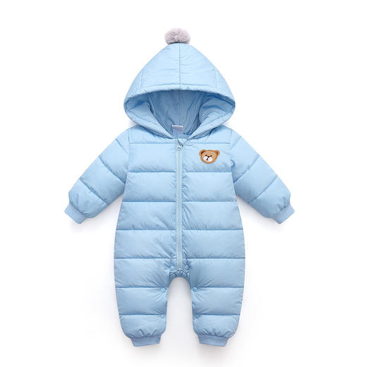 【可爱俏皮】秋冬时尚新款毛球连帽纯色保暖婴儿连体衣爬服 商品图7