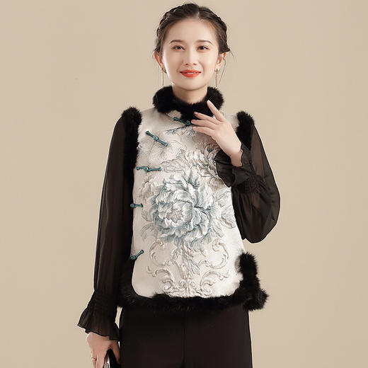 双色牡丹夹棉提花毛边拼接马甲女冬季国风女装改良唐装上衣AYK-QF-210906 商品图0