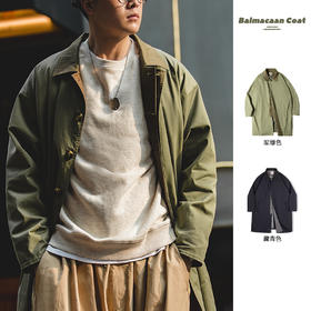 工装优选 美式休闲军绿色巴尔玛肯风衣宽松中长款薄大衣外套男春季