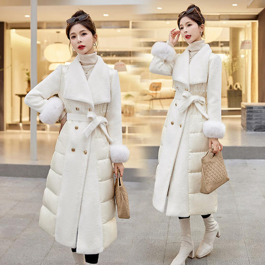 冬季保暖，拼接长款真毛90白鸭绒毛毛羽绒服（配腰带）HR-YRX8927 商品图4