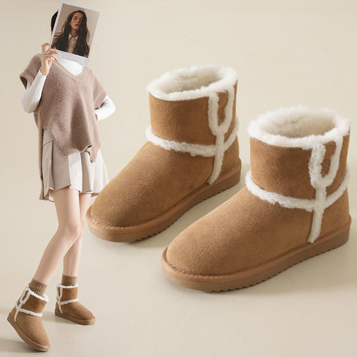 ZHR雪地靴女2023年冬季新款时尚休闲加绒百搭保暖厚底撞色毛边短筒靴 商品图4