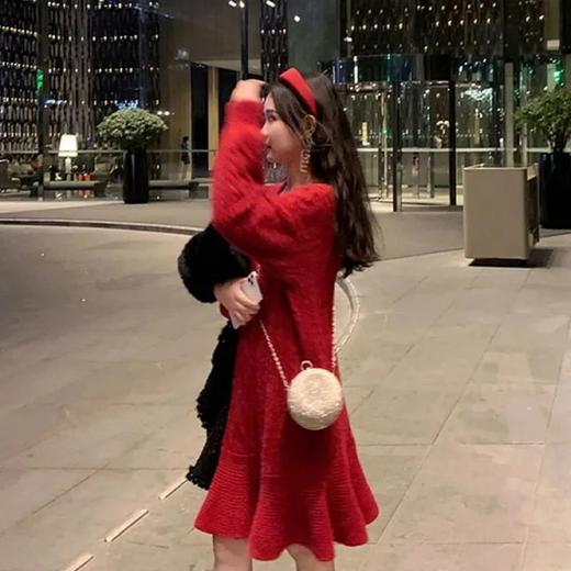 秋冬【本命年红色礼服小红裙子】显瘦 中长款 针织 年会连衣裙 商品图2