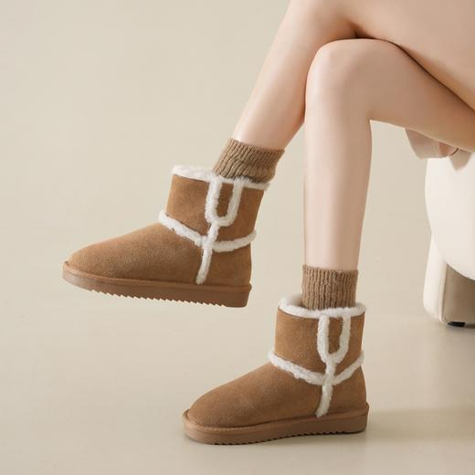 ZHR雪地靴女2023年冬季新款时尚休闲加绒百搭保暖厚底撞色毛边短筒靴 商品图5