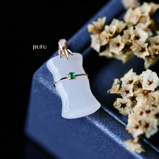 18K玫瑰金和田玉（白玉）镶钻竹节吊坠/竹节11*18mm 商品图3