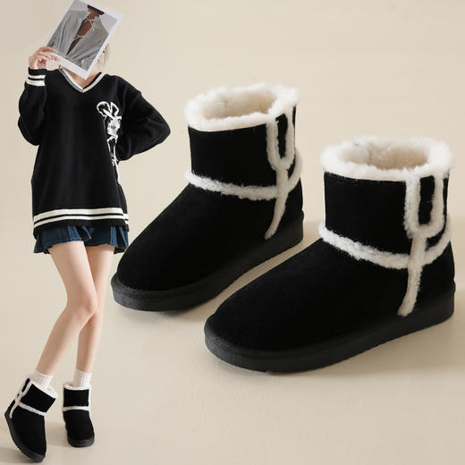ZHR雪地靴女2023年冬季新款时尚休闲加绒百搭保暖厚底撞色毛边短筒靴 商品图0