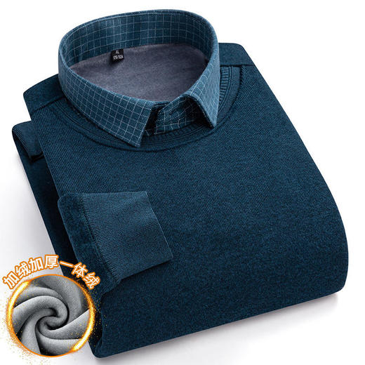 ALBB-秋冬季男士衬衫加绒加厚一体绒假两件商务休闲针织衫时尚保暖内搭 商品图2