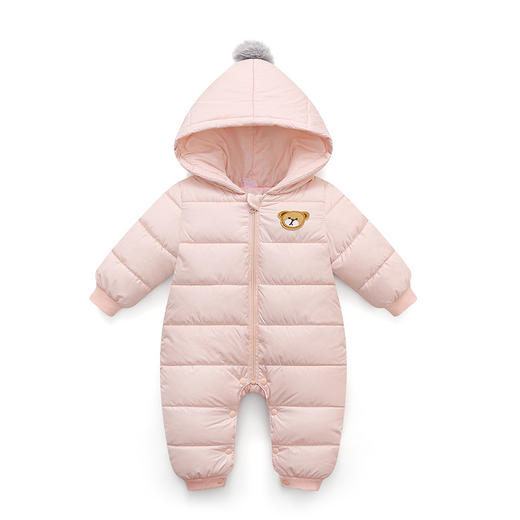 【可爱俏皮】秋冬时尚新款毛球连帽纯色保暖婴儿连体衣爬服 商品图6