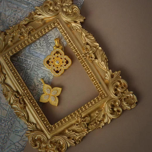 古法黄金点钻系列 四叶草/如意祥云两款新品足金镶钻吊坠 商品图0