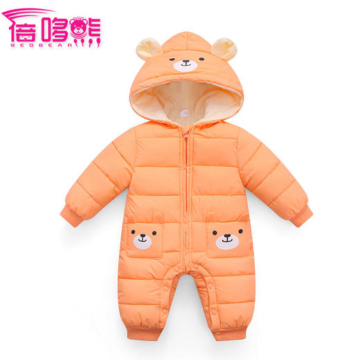 秋冬新款婴幼儿加厚保暖连帽耳朵款超柔里衬连身衣爬服 商品图2