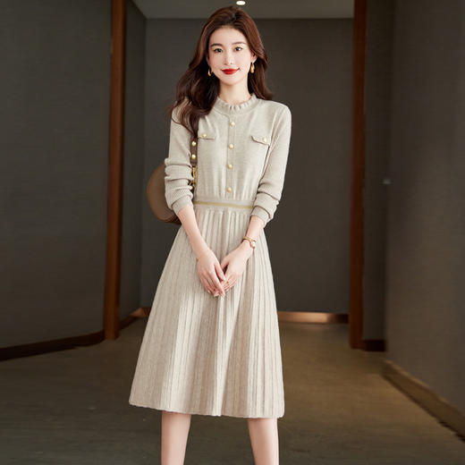 雀说木耳领百褶毛衣裙女打底衫女减龄长款针织连衣裙AL6772 商品图3