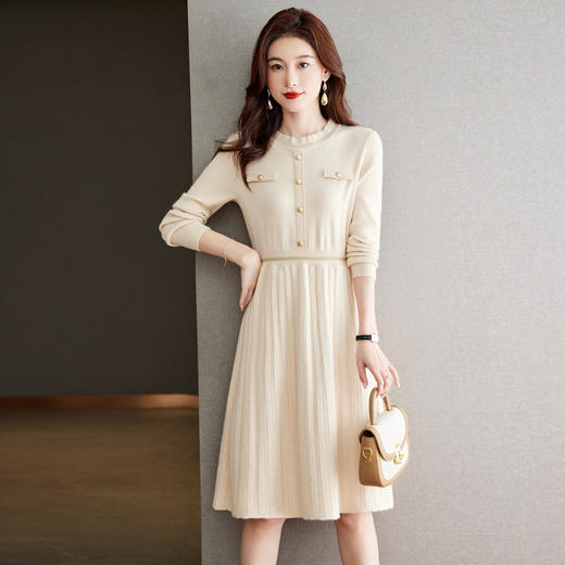 雀说木耳领百褶毛衣裙女打底衫女减龄长款针织连衣裙AL6772 商品图2