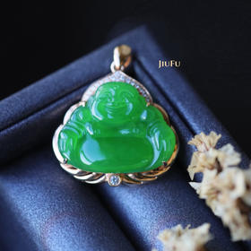 18K玫瑰金和田玉（碧玉）镶钻吊坠--玉佛/佛公15*21mm/苹果绿