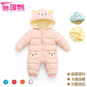 秋冬新款婴幼儿加厚保暖连帽耳朵款超柔里衬连身衣爬服