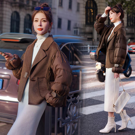 时尚保暖，90白鸭绒双面羊绒拼接流苏牛角扣美拉德羽绒服HR-YJLY8080 商品图3