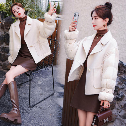 时尚保暖，90白鸭绒双面羊绒拼接流苏牛角扣美拉德羽绒服HR-YJLY8080 商品图0