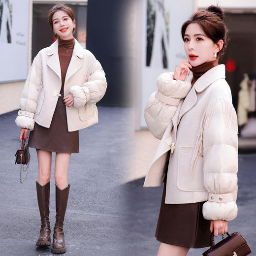 时尚保暖，90白鸭绒双面羊绒拼接流苏牛角扣美拉德羽绒服HR-YJLY8080 商品图2