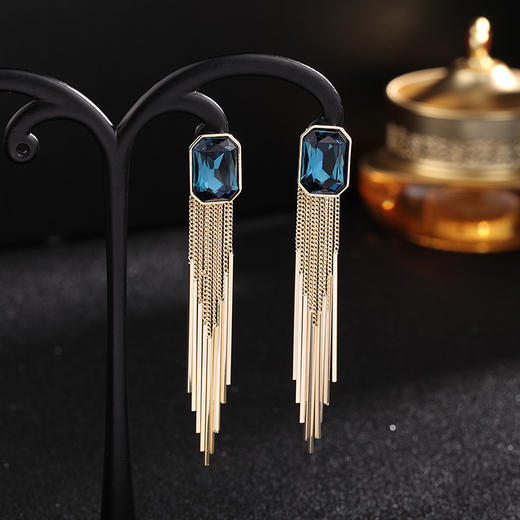 S925银针长款镶水晶耳坠几何流苏方形耳环LY 商品图5