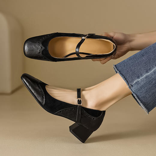 法式优雅，里外全头层皮粗跟玛丽珍浅口单鞋LGYZ-342-2 商品图7