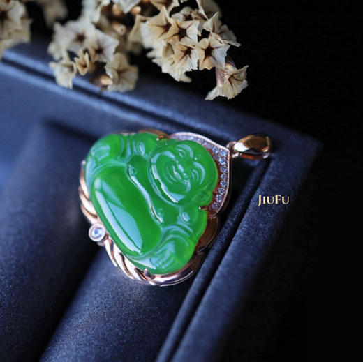 18K玫瑰金和田玉（碧玉）镶钻吊坠--玉佛/佛公15*21mm/苹果绿 商品图1