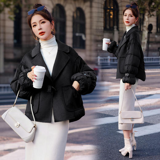 时尚保暖，90白鸭绒双面羊绒拼接流苏牛角扣美拉德羽绒服HR-YJLY8080 商品图4